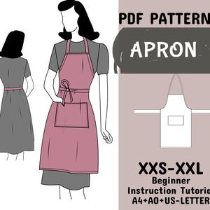 Kitchen Apron Sewing Pattern, Pinafore Apron Pattern, Unisex Apron with Pockets, Pattern in A4, A0, US Letter Formats+Instructions, XXS-XXL