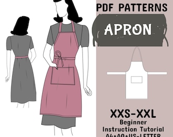 Kitchen Apron Sewing Pattern, Unisex Pinafore (XXS-XXL) (PDF Pattern)