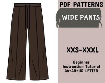 Wide Leg Pleated Trouser Sewing Pattern | Women Palazzo Pants Elastic Waist PDF Digital Pattern Available in Sizes XXS–3XL Instant Download
