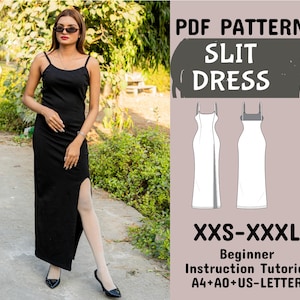 Peut inclure: Patron de couture PDF pour une robe maxi noire avec une fente sur le côté. Le patron comprend des instructions pour les tailles XXS-XXXL et est disponible en formats A4, AO et US Letter.