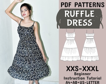 Patrón de costura de vestido con volantes, vestido largo con capas, vestido circular, vestido fruncido, patrón de costura de vestido midi en A4 + A0 + carta de EE. UU. + instrucciones, XXS-XXXL