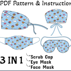 Padrão de boné unissex, máscara para dormir, padrão de máscara facial, acessório de viagem, padrão digital em A4 + A0 + carta dos EUA + instruções de costura, 3 em 1