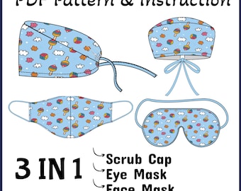 Scrub Cap Pattern Unisex,eye Mask Sleeping, Facemask Pattern, Travel Accessory, Digital Pattern in A4+A0+US Letter+ Sewing Instruction,3in1