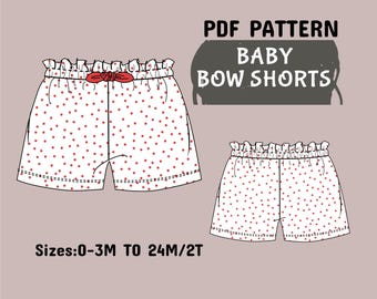 Patrón de short con lazo - Shorts con volantes para bebé (PDF), patrón de minivestido para principiantes (PDF), tallas A4 + A0 + Carta EE. UU. + instrucciones, talla 0-3 meses a 24 meses/2 años, descarga instantánea