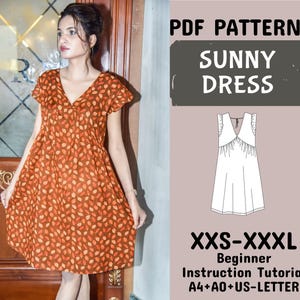 Tie Back Dress Sewing Pattern, Lovely Summer Dress For Girls, Women Sunny Dress Pattern in A4, A0, US Letter Formats + Instructions,XXS-XXXL