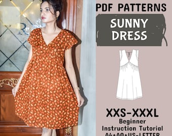 Tie Back Dress Sewing Pattern, Lovely Summer Dress For Girls, Women Sunny Dress Pattern in A4, A0, US Letter Formats + Instructions,XXS-XXXL