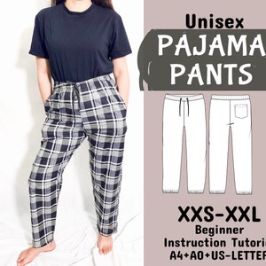 Padrão de calças de pijama, calças de cintura alta com pernas largas, pijama unissex, calças de linho padrão PDF em A4 + A0 + carta dos EUA + instruções, XXS-XXL