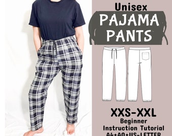 Patrón de pantalón de pijama unisex, pantalones de lino fáciles de confeccionar para mujer, patrón en PDF para principiantes, A4 + A0 + Carta EE. UU. + instrucciones, tallas XXS-XXL, descarga instantánea