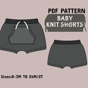 May include: Illustration of baby knit shorts in dark gray, featuring a pocket and drawstring. The image includes the text "PDF PATTERN BABY KNIT SHORTS" and "Sizes: 0-3M TO 24M/2T".