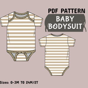 May include: A PDF pattern for a baby bodysuit. The design features a striped pattern in tan and white. The bodysuit has short sleeves and a snap closure. The text on the image reads "PDF Pattern Baby Bodysuit" and "Sizes: 0-3M TO 24M/2T".