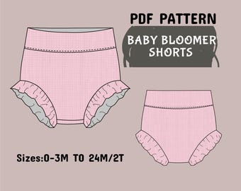 Patrón de pantalones cortos bombachos - Pantalones cortos con volantes para bebé (PDF), patrón en PDF para principiantes, tamaño A4 + A0 + Carta EE. UU. + instrucciones (0-3 meses a 24 meses/2 años), descarga instantánea
