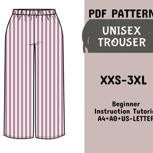 Pant Sewing Pattern, Elastic Trouser Trendy High Waisted, Unisex Trouser Nightwear Wide Leg Pattern in A4+a0+us Letter + Instruction,XXS-3XL