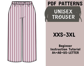Patrón de costura para pantalón elástico de cintura alta, unisex, de pierna ancha, en tamaño A4 + A0 + Carta EE. UU. + instrucciones, XXS-3XL