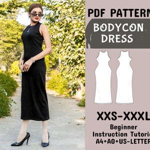 Bodycon Dress Sewing Pattern, Prom Dress, Easy for Beginners to Sew, Women Dress Sewing Pattern in A4+A0 + US Letter + Instruction, XXS-XXXL
