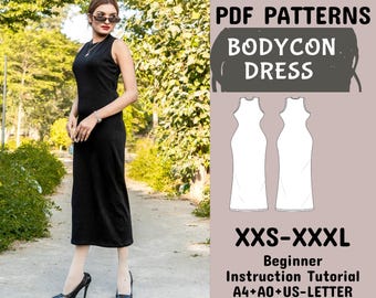 Patrón de costura de vestido ajustado, vestido de fiesta, fácil de coser para principiantes, patrón de costura de vestido de mujer en A4 + A0 + Carta de EE. UU. + Instrucciones, XXS-XXXL
