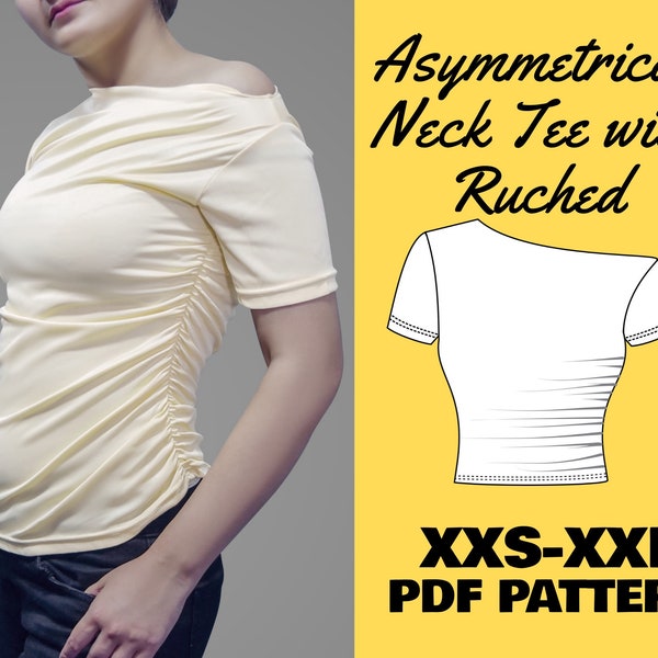 Womens T-Shirt Patterns, Crop Top Sewing Patterns, Asymmetrical Neck Ruched Side Top, Y2k Top Fitted Patterns, XXS–XXL + Sewing Instruction