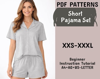Women’s Short Pajama Set Sewing Pattern | Digital Button up Pj Summer Sleepwear Pdf Pattern Available in Sizes Xxs–3xl Instant Download