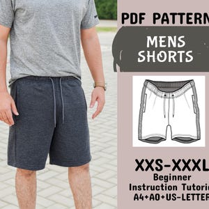 Patrón de costura de pantalones cortos para hombre, cordón ajustable en la cintura, patrón de cintura elástica para pantalones cortos de verano para hombre, en tamaño A4 + A0 + carta de EE. UU. + instrucciones, XXS-XXXL