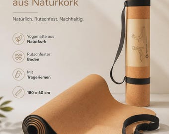 Könnte beinhalten: Eine Yogamatte aus Naturkork mit schwarzer Unterseite und schwarzem Trageriemen. Die Matte ist sowohl aufgerollt als auch teilweise ausgerollt dargestellt. Der Text auf dem Bild umfasst Yogamatte aus Naturkork, Naturlich, Rutschfest, Nachhaltig und 180 x 60 cm.
