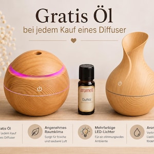 Könnte beinhalten: Zwei Aroma-Diffuser in heller Holzoptik mit kugelförmigem und vasenartigem Design, begleitet von einer kleinen braunen Glasflasche mit der Aufschrift aromell Duftöl. Der kugelförmige Diffuser zeigt ein leuchtendes rosa LED-Lichtband und ein Power-Symbol.