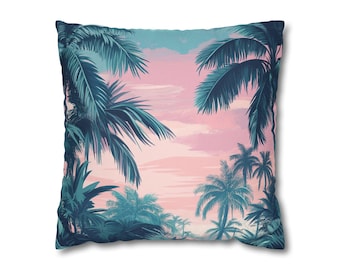 Tropical Palm Sunset Pillowcase | Pink Teal Beach Throw Pillow Cover