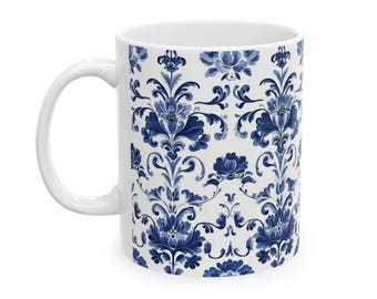 Delft Blue Floral Ceramic Coffee Mug, Dutch Decor
