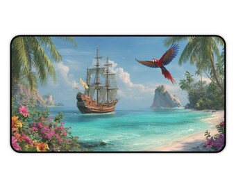Tropical Pirate Ship Desk Mat | Beach Scene with Parrot and Sailing Ship