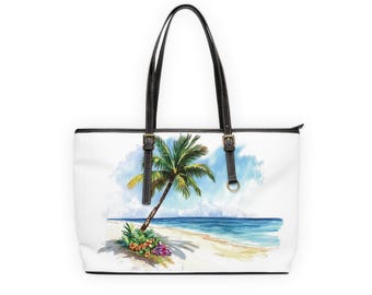 Tropical Palm Tree PU Leather Purse, Beach Travel Tote Handbag