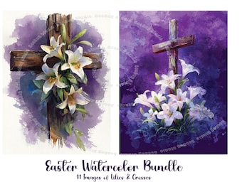 Easter Watercolors, Cross, Lilies,  11 Digital Files