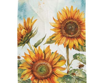 Sunflower Watercolor Velveteen Plush Blanket | Bright Floral Throw