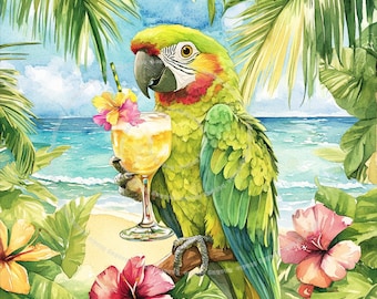 May include: A green and yellow parrot with red accents sits on a branch holding a glass of tropical drink with a flower garnish. The parrot is in front of a beach scene with palm trees and blue water.