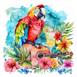 Puede incluir: Una pintura de acuarela de una guacamaya roja, azul y verde posada en una guitarra acústica marrón. La guacamaya está sosteniendo un vaso de líquido amarillo con una rodaja de lima. Flores y hojas tropicales rodean la guitarra y la guacamaya.
