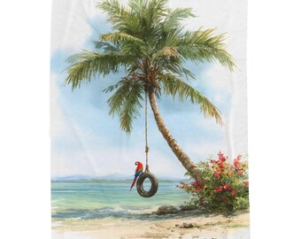 Tropical Palm Tree Parrot Tire Swing Blanket | Beach Scene Velveteen Throw