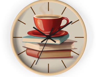 Coffee Cup Stack Wall Clock | Books and Coffee Illustration