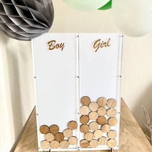 Gender guessing game - board/ sign with wood tokens to vote boy or girl - fun game decoration for gender reveal party or baby shower, rustic