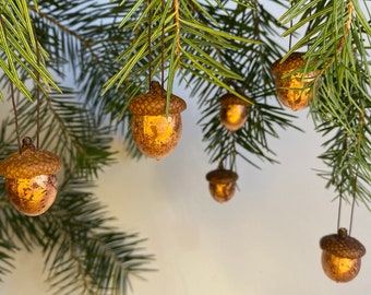 Könnte beinhalten: Goldene Eichel-Ornamente, die an einem Kiefernbaumzweig hängen, vor einem weißen Hintergrund.