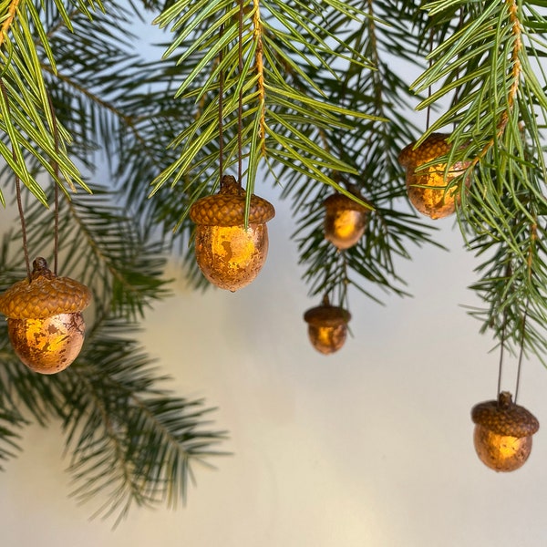 Set of 12 natural bronze colored acorns, real oak handmade Christmas tree decorations handpainted using decoupage technique
