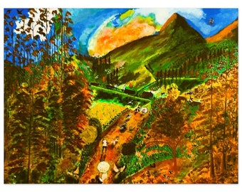 May include: A watercolor painting of a mountain landscape with a winding path leading up to a peak. The sky is a vibrant blue with orange and yellow clouds. There are trees and bushes along the path, and a few figures are walking up the hill.