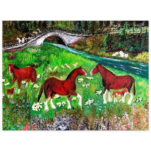 May include: A painting of four brown horses in a green field with a stone bridge and a river in the background. The horses are standing in a field of wildflowers.