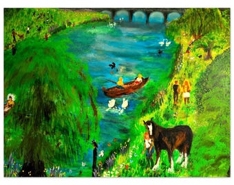 May include: A painting of a river scene with a bridge in the background. There are people in a boat on the river, and a horse and rider on the bank. The painting is done in a bright, colorful style.
