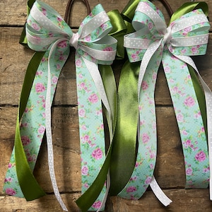 Green/Pink Floral Equestrian Hair Bows