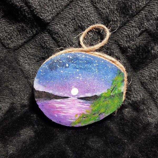 Moonlight Landscape Hand Painted on Wood Slice - Hanging Decoration - Acrylic Painting - Original Wall Art