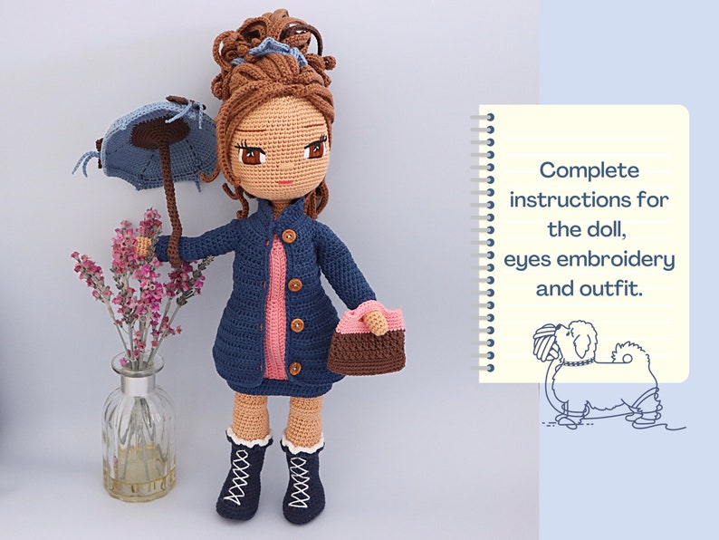 Crochet Doll Pattern, Easy Amigurumi Pattern, Cute Crochet Doll Dress, Crochet Doll Shoes, Jacket, Umbrella, Boots, Amigurumi Toy PDF file image 2