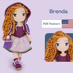 May include: Crochet doll pattern for Brenda, a girl doll with long curly brown hair, a purple dress, and a purple bag. The pattern is available as a PDF download.