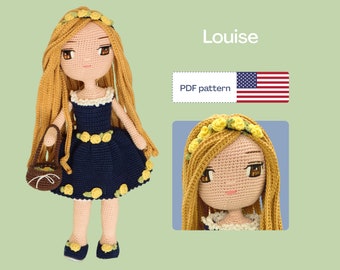 Crochet Doll Pattern, Easy Amigurumi PDF Pattern, Cute Crochet Doll Dress, Crochet Doll Shoes, Amigurumi Doll PDF pattern, Eyes Embroidery