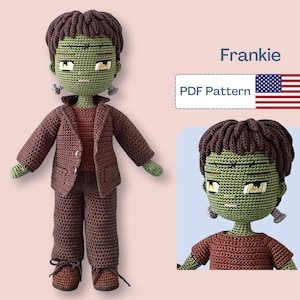 May include: A handmade crochet doll of Frankie, a Frankenstein's monster character. The doll has green skin, brown hair, and is wearing a brown suit. The image also includes a smaller image of the doll and the text "Frankie" and "PDF Pattern".