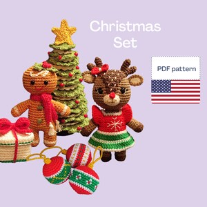 May include: Crochet Christmas set featuring a gingerbread person, reindeer, Christmas tree, and baubles. The pattern is available as a PDF download. PDF pattern.