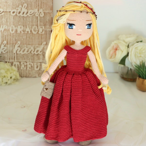 Red Dress Crochet Doll Pattern, Easy Amigurumi PDF Pattern, Red Crochet Doll Clothes, Crochet Doll Shoes, Amigurumi pattern, Eyes Embroidery