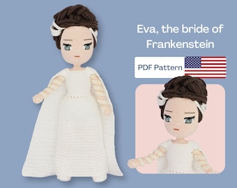 Bride of Frankenstein Crochet Doll Pattern, Easy Amigurumi PDF Pattern, Cute Crochet Doll Dress, Halloween Doll PDF pattern, Eyes Embroidery