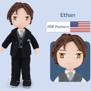 May include: Crochet pattern for a boy doll wearing a black suit with a white shirt and a grey waistcoat. The doll has brown hair and brown eyes. The pattern is available as a PDF download. The image also includes the text "Ethan" and "PDF Pattern".